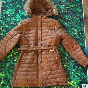 Women's Brown Puffer Jacket with Faux Fur Hood